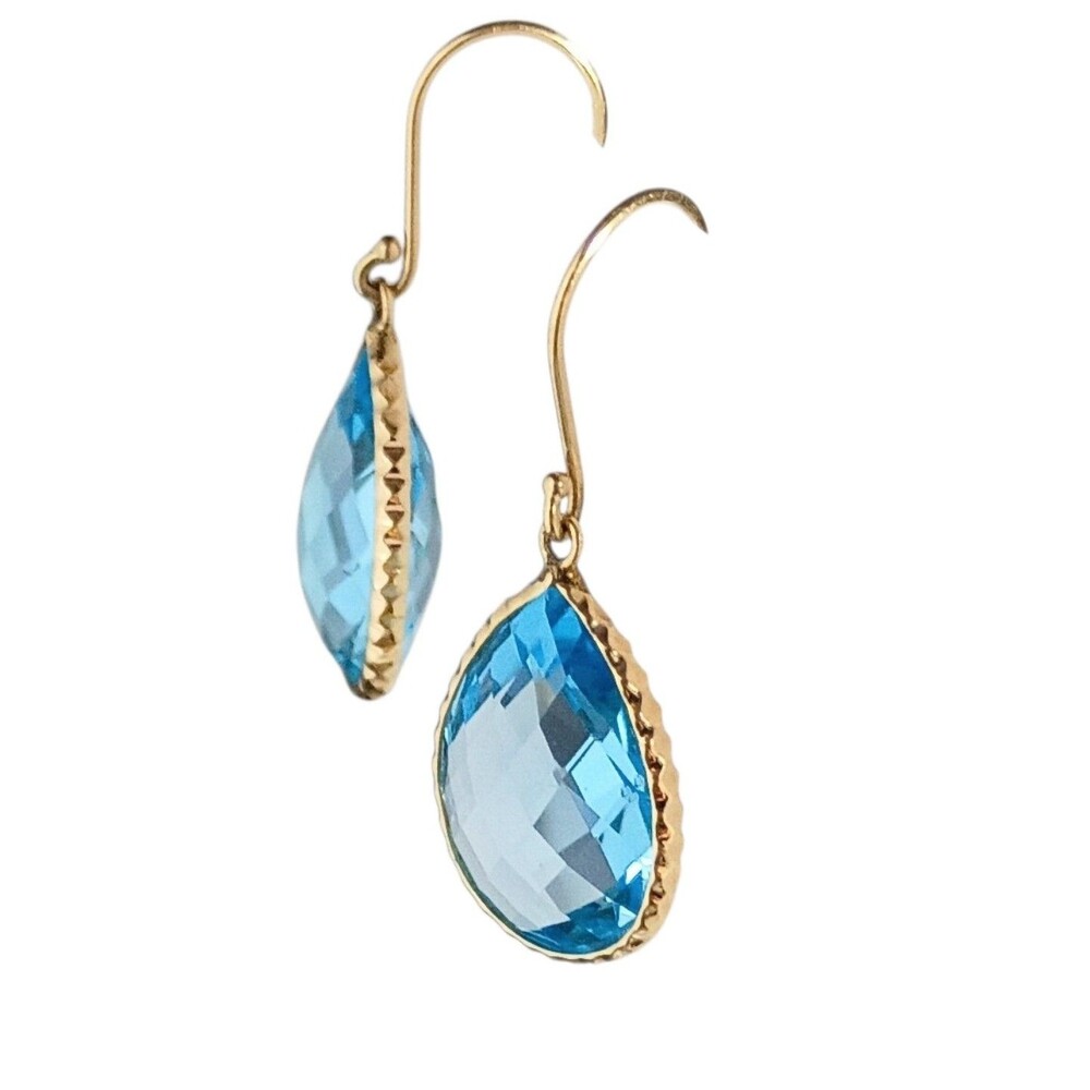 14K Yellow Gold Swiss Blue Topaz Drop Dangle French Wire Earrings - Picture 4 of 12
